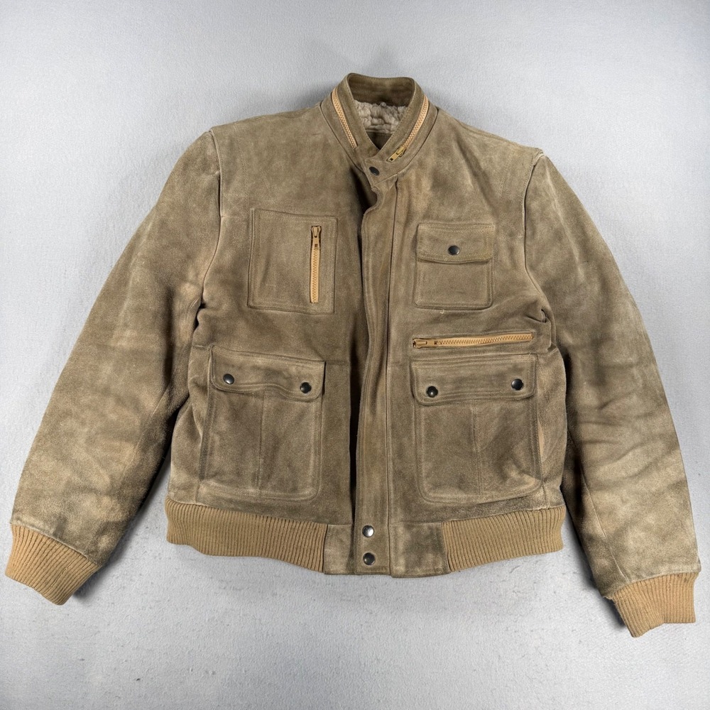Vintage 1980 Trapper Suede Leather Bomber Jacket Olive Tan Shearling Lined  L